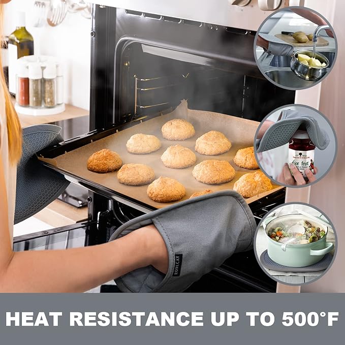 2-Pack Silicone Pot Holders for Kitchen Heat Resistant up to 500°F, Non-Slip Large Hot Pads with Pocket, Quilted Liner Trivets for Countertops Hot Pots and Pans (Gray) - Image 2