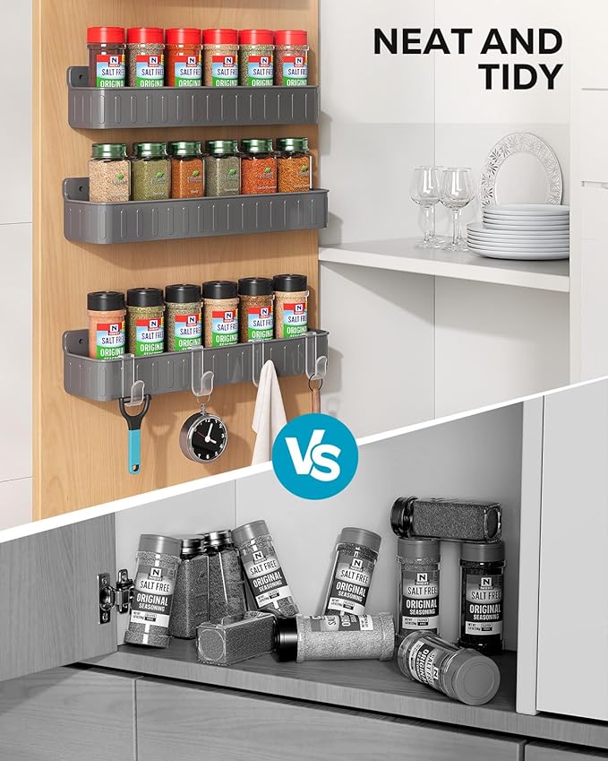 Nieifi Spice Rack Wall Mount, Spice Organizer for Spice Jars, Screw or Adhesive Hanging Organizer for Kitchen Cabinet or Pantry Door, 4 Pack, Grey, ABS Plastic - Image 7