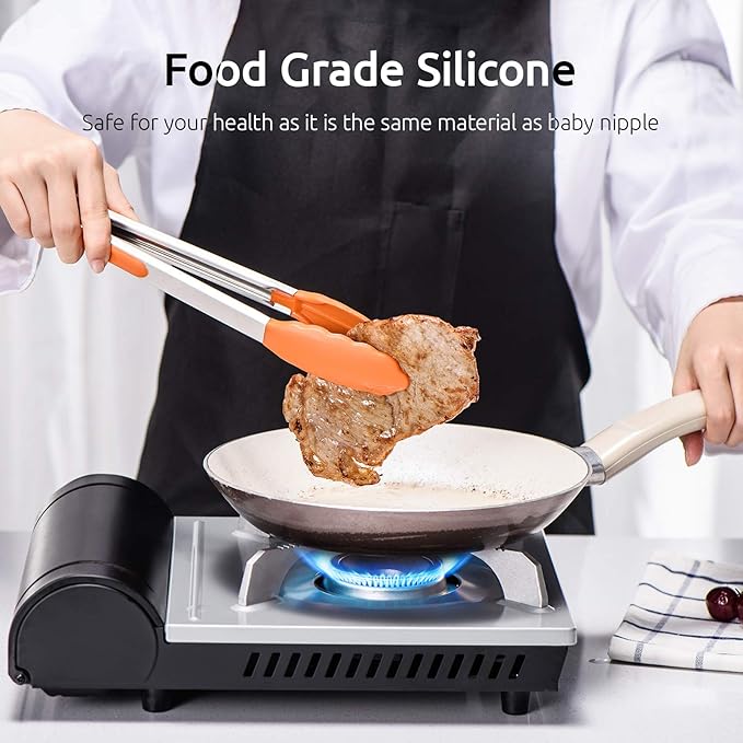 Kitchen Tongs, U-Taste 7/9/12 inches Cooking Tongs, with 600ºF High Heat-Resistant Non-Stick Silicone Tips, 18/8 Stainless Steel Handle, for Food Grill, Salad, BBQ, Frying, Serving, Pack of 3(Orange) - Image 4