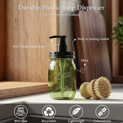 Amolliar Plastic Mason Jar Soap Dispenser with Pump Lid,16OZ Refillable Hand Soap Dispenser Set with Cute Lables - Farmhouse Decor for Kitchen Bathroom, Liquid Soap, Dish Soap, Lotion (2 Pack, Green) - Image 7