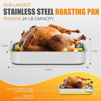 Stainless Steel Turkey Roasting Pan with Rack & Handles, Heavy Duty Food-Safe Turkey Pan Dishwasher Safe, Perfect for Cooking Turkey and Steak for Thanksgiving and Christmas (Extra Size)