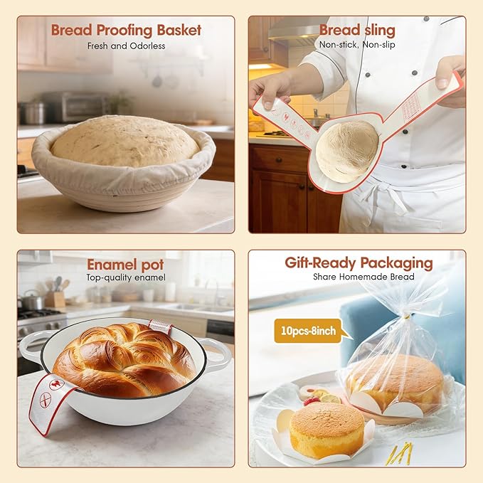 5QT Enameled Cast Iron Dutch Oven for Bread & Multi-Cooking – Complete Sourdough Starter Kit with Lid ,Probe Thermometer, Proofing Basket, Silicone Sling & Gift Packaging Bags,Oven Safe up to 500°F(Gray)