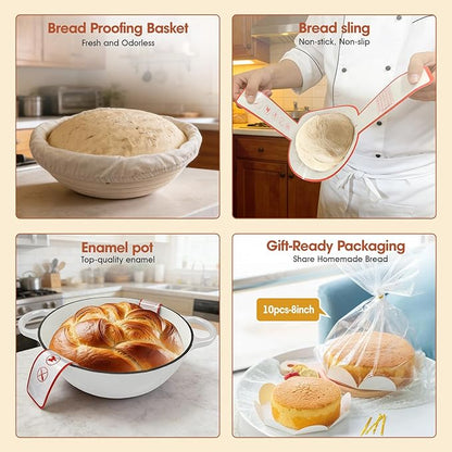 5QT Enameled Cast Iron Dutch Oven for Bread & Multi-Cooking – Complete Sourdough Starter Kit with Lid ,Probe Thermometer, Proofing Basket, Silicone Sling & Gift Packaging Bags,Oven Safe up to 500°F(Gray)