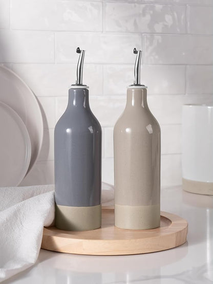 famiware Milkyway 16oz Ceramic Olive Oil Dispenser Bottle, Olive Oil and Vinegar Dispenser Bottle Set of 2 with Stainless Steel Pourers, Suitable for Storage Liquids, Dark Gray and Cinnamon Brown