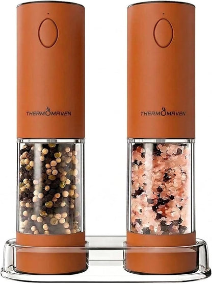 ThermoMaven Electric Salt and Pepper Grinder Set, 110ml Larger Rechargeable Automatic Salt and Pepper Mill Grinder with 6 Adjustable Coarseness, Electric Salt and Pepper Shakers, LED, Burnt Orange by ThermoMaven