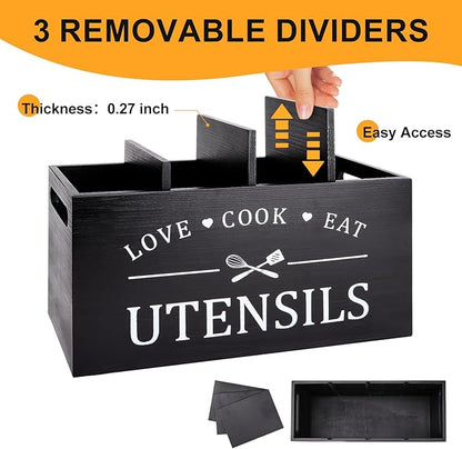 Black Farmhouse Utensil Holder for Kitchen Counter Extra Large Cooking Utensil Holder Caddy Utensils Storage Organizer for Countertop Rustic Wood Kitchen Tool Decor Utensil Crock Spatula Holder - Image 3