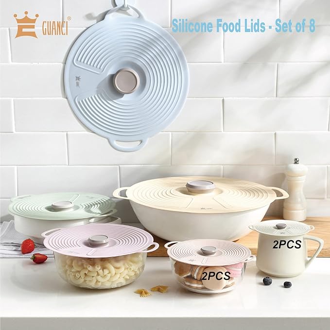 GUANCI Silicone Lids for Bowl 8 Pack, Microwave Splatter Cover with 6 Sizes Reusable Heat Resistant Lids Fits Cups, Bowls, Plates, Pots, Pans, Skillets, Stove Top, Oven, Fridge Dishwasher Safe - Image 3