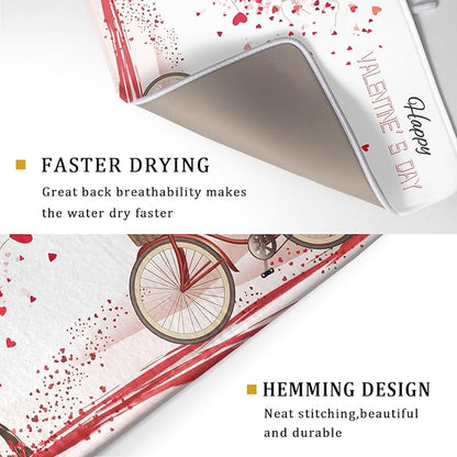 Romantic Valentine's Day Dish Drying Mat for Kitchen Valentines Bike and Tree Dish Drying Pad 18x24 Absorbent Reversible Happy Valentine Dishes Drainer Pad Holiday Dish Drying Rack Mat for Countertop