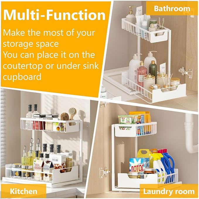 Ceetug Under Kitchen Sink Organizers and Storage Pull Out 2 Tier Metal Bathroom Cabinet Organizer (White, 2 Pack) - Image 7