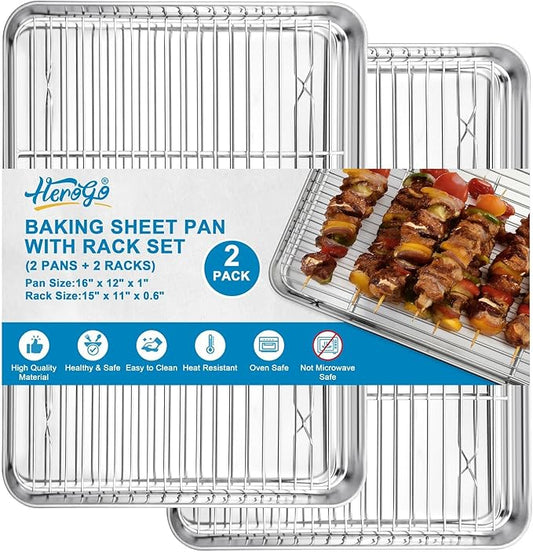 Herogo Stainless Steel Baking Sheet with Wire Rack Set(2 Pans + 2 Racks), 16" x 12" x 1" Rectangle Jelly Roll Sheet Pan Set for Oven, Non Toxic & Heavy Duty & Easy Clean-Large