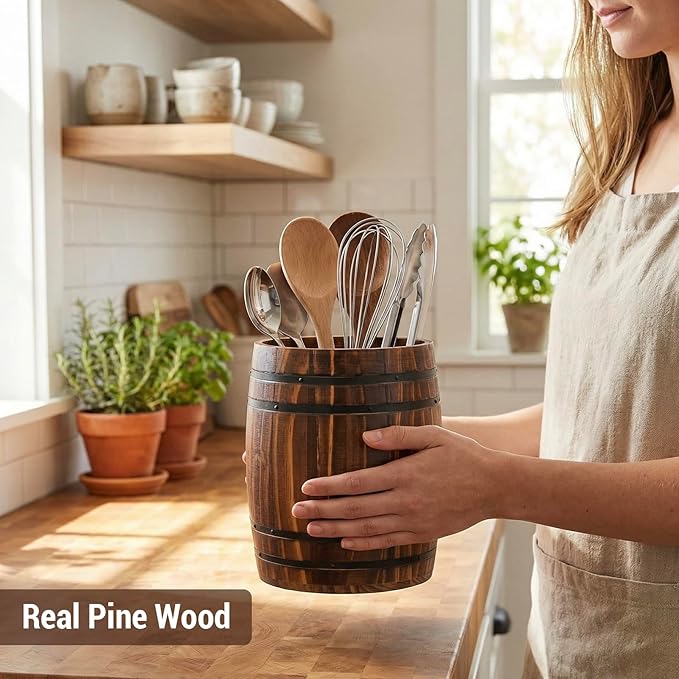 MyGift Wine Barrel Design Kitchen Utensil Crock, Vintage Rustic Burnt Wood Cooking Tool Holder - Image 4