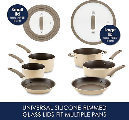 Rachael Ray Cook + Create Nonstick Cookware Pots and Pans Set, Includes Baking Sheet Pan and Cooking Utensil, 10 Piece - Almond
