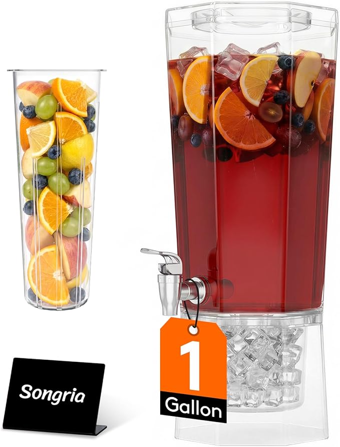 Lifewit 1 Gallon Drink Dispenser for Parties, Plastic Beverage Container for Juice/Tea/Soda with Stand & Ice Core, Clear Lemonade Dispenser with Spigot, BPA Free Water Pitcher with Spout for Fridge by Lifewit