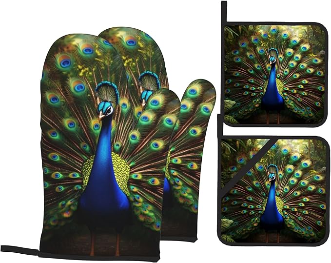 Peacock Pattern Oven Gloves and Hot Pads Set - Heatproof Hand Protection for Baking, Grilling, Cooking 4Pcs