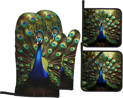 Peacock Pattern Oven Gloves and Hot Pads Set - Heatproof Hand Protection for Baking, Grilling, Cooking 4Pcs