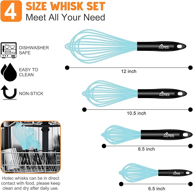 HOTEC 4 Pieces Silicone Whisks Set, Wire Balloon Whisks Egg Beater, Non-slip Handle Whisk for Non-stick Cookware Perfect for Cooking, Stirring, Beating and Blending (Blue) - Image 2