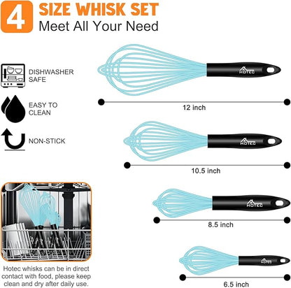 HOTEC 4 Pieces Silicone Whisks Set, Wire Balloon Whisks Egg Beater, Non-slip Handle Whisk for Non-stick Cookware Perfect for Cooking, Stirring, Beating and Blending (Blue) - Image 2