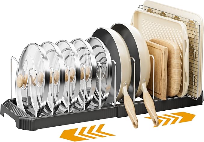 MUDEELA Pot Lid Organizer Rack for Cabinet, Expandable Pots and Pans Organizer under Cabinet with 12 Adjustable Dividers, Pan Organizers Holder inside Cabinet for Cutting Boards, Baking Sheets, Black by MUDEELA