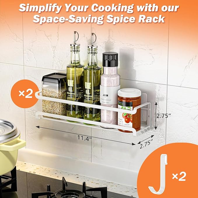 Bunoxea Spice Rack wall mounted 2 Pack, Space-Saving Spice Organizer for Spice Jars and Seasonings,Screw or Adhesive Hanging Spice Rack Organizer for Your Kitchen Cabinet,or Pantry Door,White - Image 2
