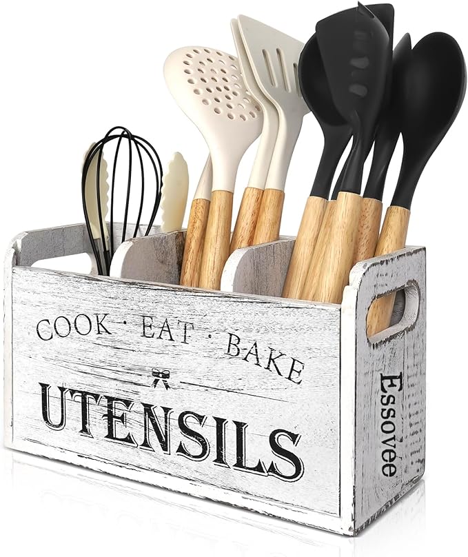 Farmhouse Kitchen Utensil Holder with 3 Compartments, Wooden Utensil Organizer for Countertop, Utensil Holder Rustic Cooking Utensil for Farmhouse Kitchen Decor by Essovee