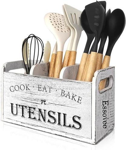 Farmhouse Kitchen Utensil Holder with 3 Compartments, Wooden Utensil Organizer for Countertop, Utensil Holder Rustic Cooking Utensil for Farmhouse Kitchen Decor by Essovee