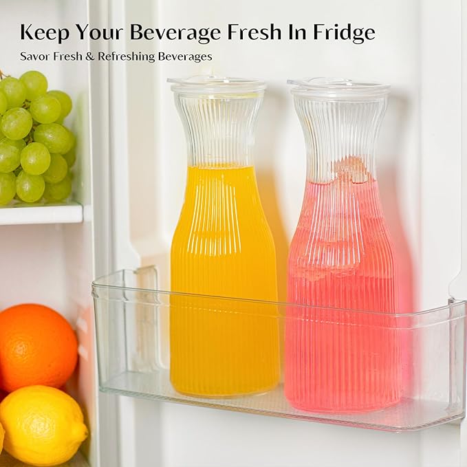 INSETLAN 1 Liter Ribbed Glass Carafe with Lid, Set of 4- Juice Carafe for Mimosa Bar, Brunch,Parties, Beverage Serveware,Cold Brew Coffee, Milk, Iced Tea, Lemonade -Includes 4 Wooden Chalkboards