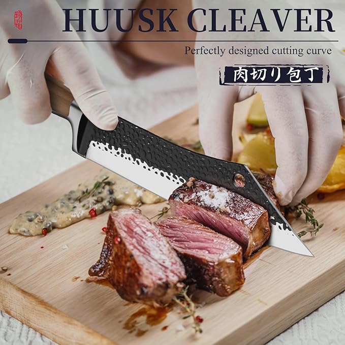 Huusk Grilling Gifts for Men Meat Cleaver Butcher Knife Hand Forged High Carbon Japanese Viking Carving Knives for Slicing BBQ 8.3 inch - Image 2