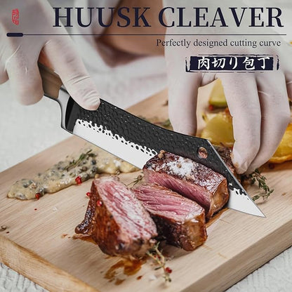 Huusk Grilling Gifts for Men Meat Cleaver Butcher Knife Hand Forged High Carbon Japanese Viking Carving Knives for Slicing BBQ 8.3 inch - Image 2