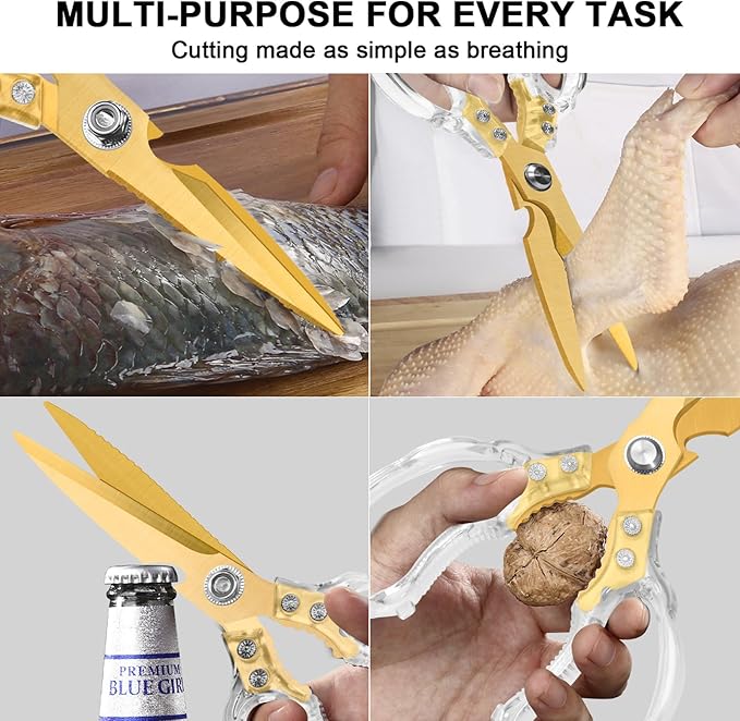 CGBE Kitchen Scissors, Multi-Purpose Kitchen Shears, Heavy Duty Food Scissors for Chicken, Poultry, Fish, Meat & Herbs with Non-Slip Grips - Transparent Gold - Image 5