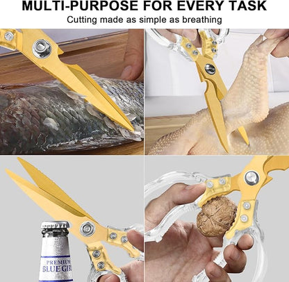 CGBE Kitchen Scissors, Multi-Purpose Kitchen Shears, Heavy Duty Food Scissors for Chicken, Poultry, Fish, Meat & Herbs with Non-Slip Grips - Transparent Gold - Image 5