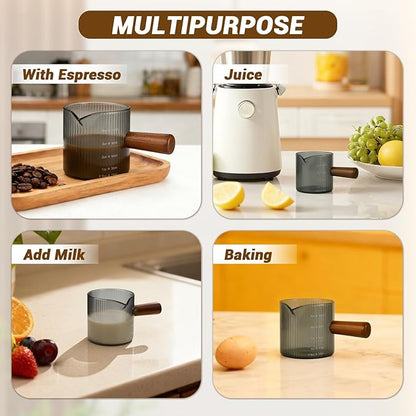 Espresso Measuring Cup 4 Oz, Espresso Glass Cups with Wood Handle, Milk Frothing Cup, Espresso Cup for Coffee, Milk, Tea or Maple Syrup Serving (Gray, 4 oz)