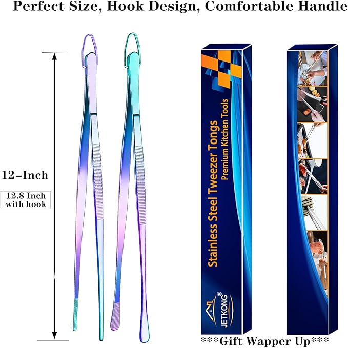 JETKONG 2 Pcs 12-Inch Culinary Tweezers Food Tweezers Kitchen Tweezer Tongs for Cooking (Rainbow) - Image 7