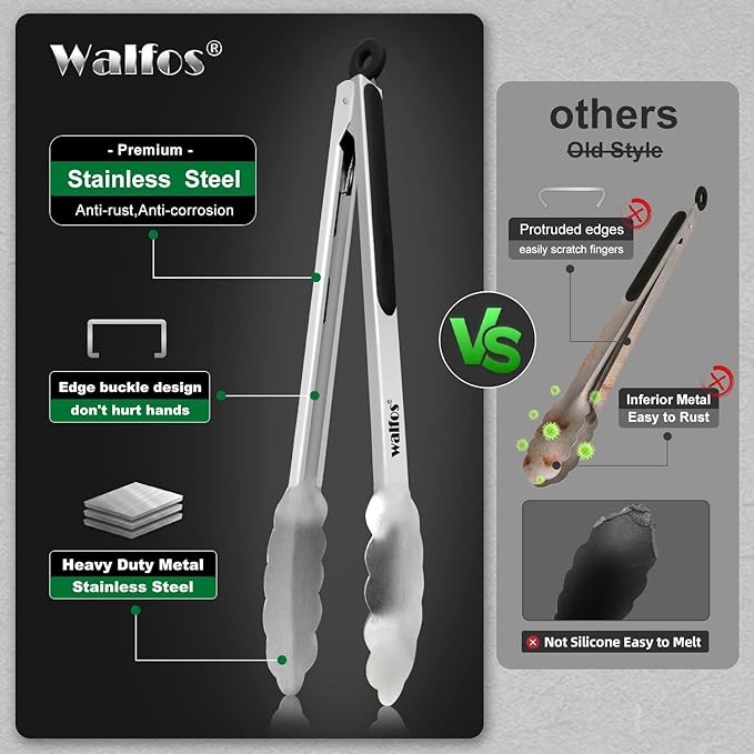 Walfos Stainless Steel Kitchen Tongs for Cooking- 7 ，9 and 12 Inch, Food Grade Metal Tongs for Cooking, BBQ, Set of 3 Heavy Duty Locking Cooking Tongs Non-Slip Grip - Image 8