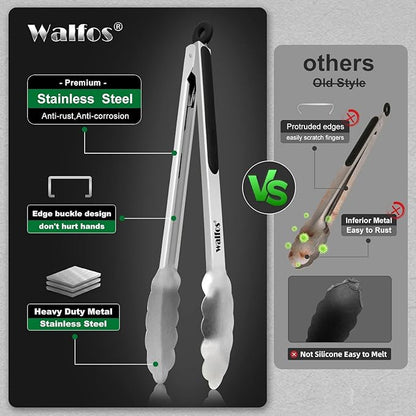Walfos Stainless Steel Kitchen Tongs for Cooking- 7 ，9 and 12 Inch, Food Grade Metal Tongs for Cooking, BBQ, Set of 3 Heavy Duty Locking Cooking Tongs Non-Slip Grip - Image 8