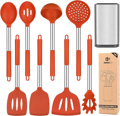 Silicone Cooking Utensil Set, 8Pcs Non-stick Cookware with Stainless Steel Handle, BPA Free Heat Resistant Kitchen Tools with Spatulas, Turners, Spoons, Skimmer and Pasta Fork (RED) by BUNDLEPRO