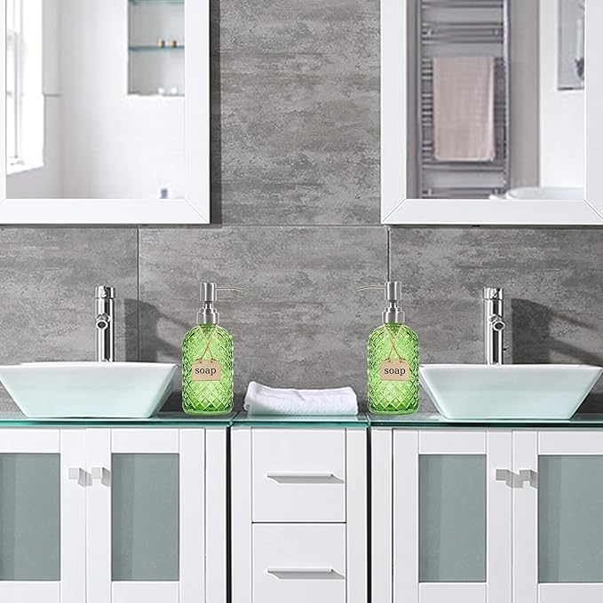 16 oz Diamond Pattern Glass Soap Dispenser, Kitchen and Bathroom Refillable Soap Dispenser with Rust Resistant Stainless Steel Pump for Hand Soap, Lotion Glass Liquid Dispenser(Green-2pack) - Image 6
