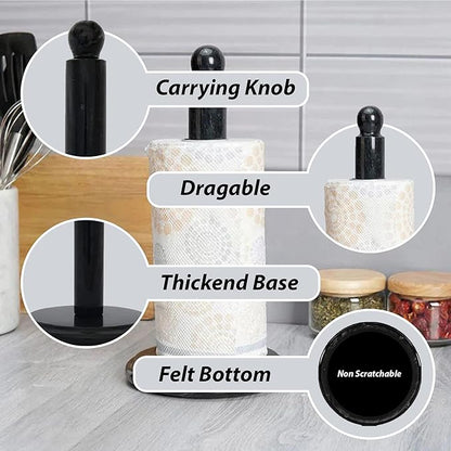 Black Marble Paper Towel Holder – Handmade Heavyweight Stand for Kitchen Countertops, Bathroom, Dining Table – Non-Slip Felt Base – Modern Natural Stone Decor