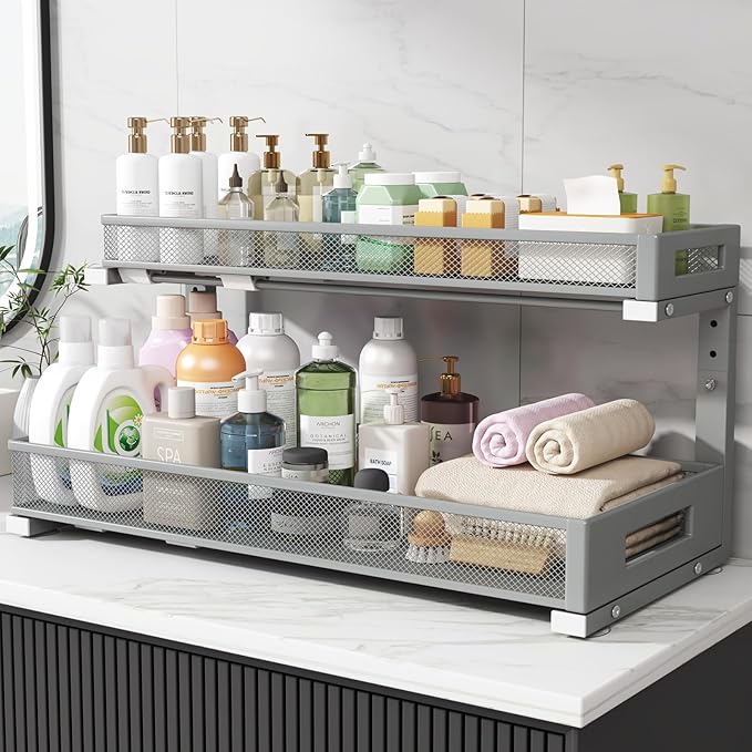 2 Pack 20.47IN Depth Under Sink Storage Organizer, Large 2-Tier Elegant Mesh Pull Out Shelf for Kitchen and Bathroom Cabinet Organization, L-Shaped and Adjustable Height Design-Gun Gray - Image 7