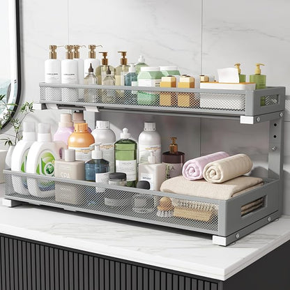 2 Pack 20.47IN Depth Under Sink Storage Organizer, Large 2-Tier Elegant Mesh Pull Out Shelf for Kitchen and Bathroom Cabinet Organization, L-Shaped and Adjustable Height Design-Gun Gray - Image 7