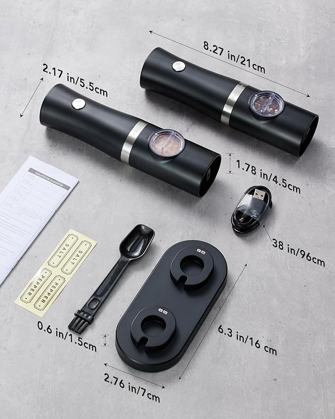 FORLIM Rechargeable Electric Salt and Pepper Grinder Set with Charging Base, Automatic Pepper Mill, Adjustable Coarseness, White LED Light, USB Type-C Cable, One Hand Operation, 2 Mills - Image 6