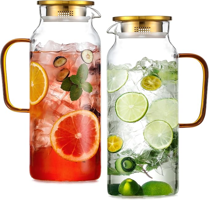 2 Pack 2 Liter/68 oz Glass Pitcher with Lid, Water Pitchers with Handle for Fridge, Large Jug for Iced Tea, Coffee, Borosilicate Glass Carafe for Hot/Cold Brew Drink and Homemade Beverage, Gold by Unknown