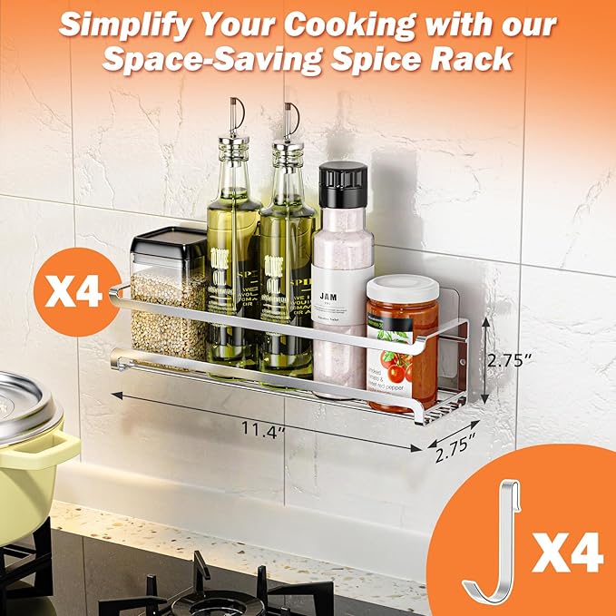 Bunoxea Spice Rack wall mounted 4 Pack, Space-Saving Spice Organizer for Spice Jars and Seasonings,Screw or Adhesive Hanging Spice Rack Organizer for Your Kitchen Cabinet,or Pantry Door,Chrome - Image 7