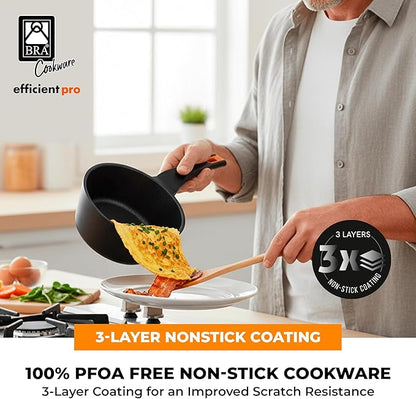 BRA COOKWARE Efficient Pro Nonstick Saucepan w/Lid | 6.3 Inch 1.13 Quart Shallow Pot | 3-Layer Scratch Resistant Coating | PFOA Free Low Pot | All Cooktops Soup Pan | Ergonomic Heat-Resitant Handles