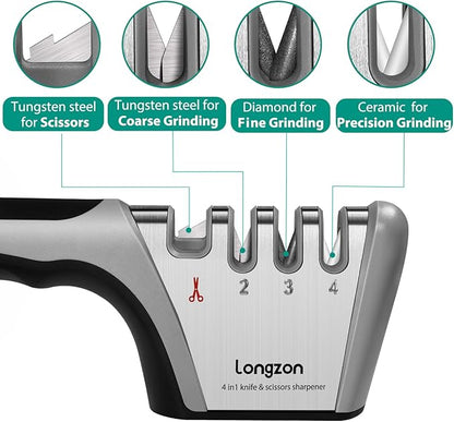 Longzon 5-in-1 Knife Sharpener 4 Stage with Cut-Resistant Glove, Quickly Sharpens & Restores Dull Blades, Easy & Safe for Home Kitchen Use, Fits Most Knives and Scissors, Black+Silver - Image 2