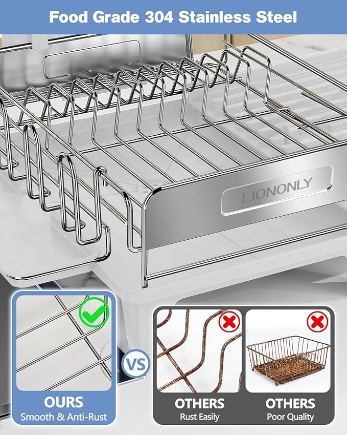 Expandable Dish Drying Rack, Dish Racks for Kitchen Counter, Stainless Steel 304, Flip-Top Retractable Plate, Multi-Directional Adjustable Dish Rack, Space Saving Large Drying Rack Kitchen, White - Image 6