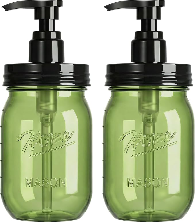 Amolliar Plastic Mason Jar Soap Dispenser with Pump Lid,16OZ Refillable Hand Soap Dispenser Set with Cute Lables - Farmhouse Decor for Kitchen Bathroom, Liquid Soap, Dish Soap, Lotion (2 Pack, Green) by Amolliar