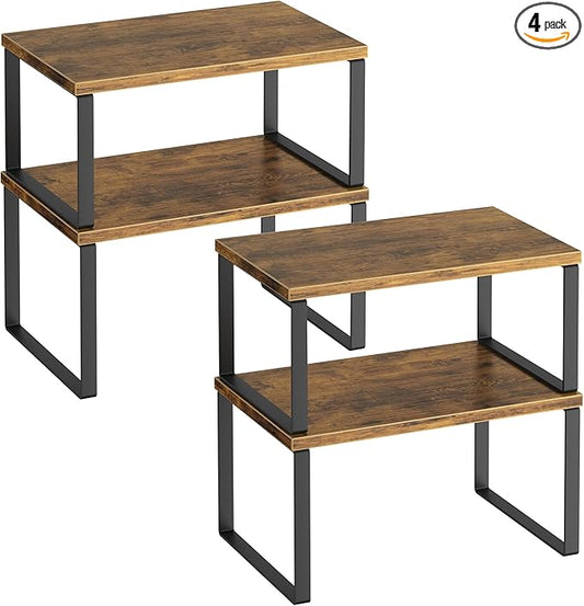 Kitchen Cabinet Organizer Shelf Set of 4, Sturdy Kitchen Counter Shelves with Metal Legs, Stackable Expandable Wood Spice Rack Pantry Cupboard Dish Mug Cup Storage Organizer Shelf, Rustic Brown