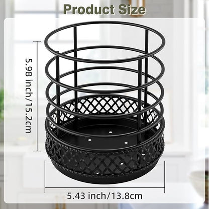 Metal Kitchen Utensil Holder for Kitchen Counter-5.43 x 5.98 inch, Black Utensil Crock for Spatula, Spoon, Fork & Knife, Rustproof Organizer