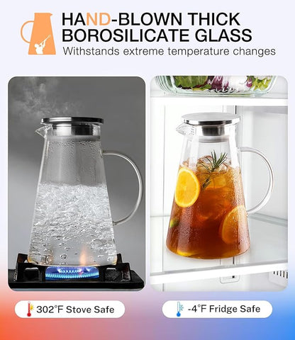 LUNA&MANTHA Glass Pitcher, 2 Liter 68oz Water Pitcher with lid and Handle, Large Ice Tea Jug for Fridge, Borosilicate Glass Carafe for Hot/Cold Drink, Juice, Coffee, Milk, Beverage - Image 3