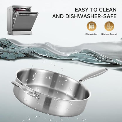 LOLYKITCH 5 Quarts Tri-Ply Stainless Steel Sauté Pan wih Lid, 12 Inch Deep Frying Pan,Jumbo Cooker,Induction Cooking Pan,Dishwasher and Oven Safe,Detachable Handle.